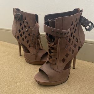 Brown Lace-Up Peep-Toe Booties